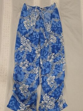 Vintage Jessica Blue and White Floral Elastic-Waist Pants